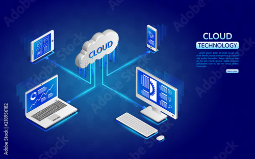 Network illustration with computer, laptop, tablet, and smartphone. Cloud technology computing concept. 3d landing page layout, web banner
