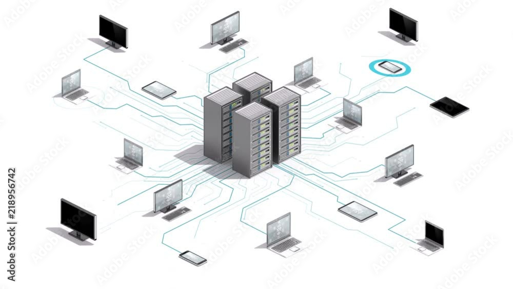 Internet of things computer technology connect Main server system. 4k animation.