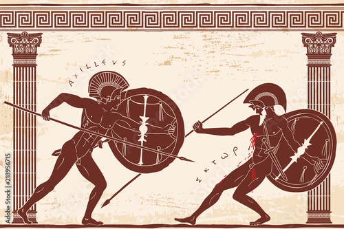 Two ancient Greek warrior Hector and Achilles with a spear and shield in his hands is fight between the columns on a beige background with an aged effect. photo