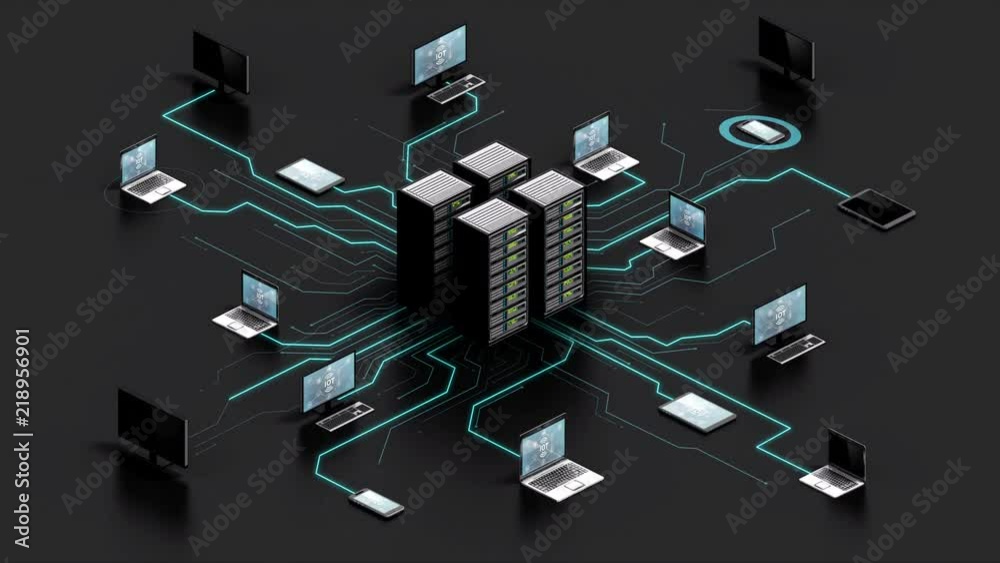 Internet of things computer technology connect Main server system. 4k animation. gray back.