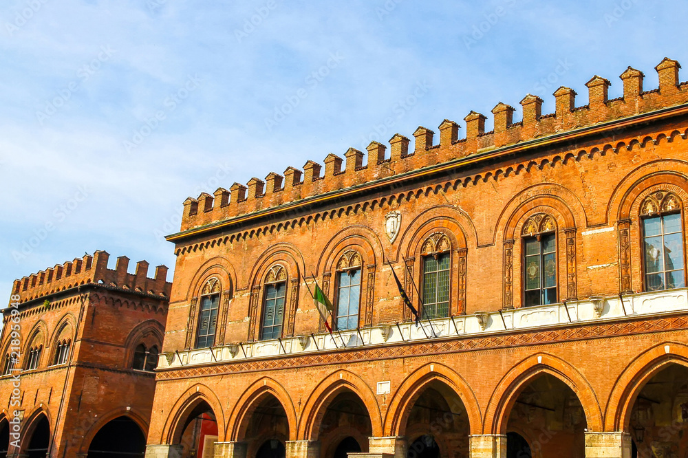 Historic architecture of the Piazza del Duomo in Cremona, Italy on a sunny day.