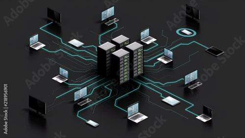 Internet of things computer technology connect Main server system. 4k animation. gray back.