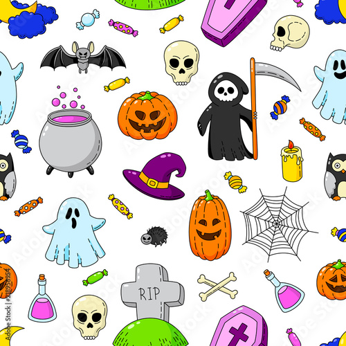 Happy Halloween. Seamless background, wallpaper, template. Vector Cartoon Doodle Icons Set