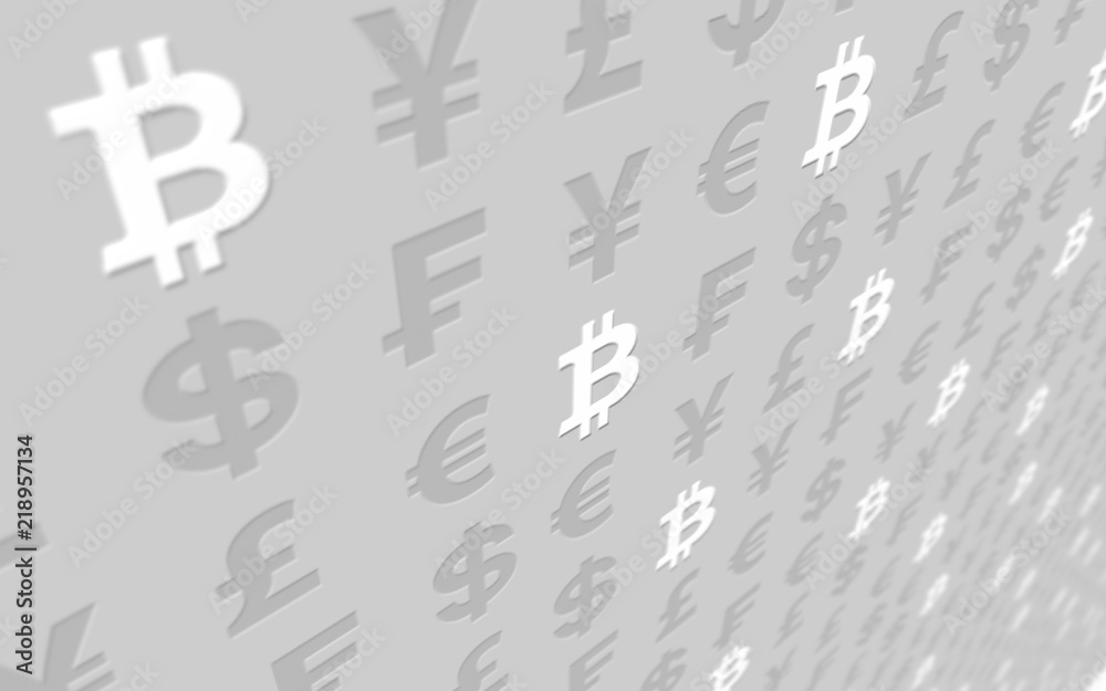 Bitcoin and currency on a gray background. Digital Cryptocurrency symbol. Business concept. Market Display. 3D illustration