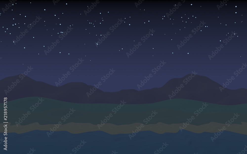 Starry moonless sky. Ocean shore line with waves on a beach. Island beach paradise with waves. Vacation, summer, relaxation. Seascape, seashore. Minimalist landscape, primitivism. 3D illustration Starry moonless sky. Ocean shore line with waves on a beach. Island beach paradise with waves. Vacation, summer, relaxation. Seascape, seashore. Minimalist landscape, primitivism. 3D illustration