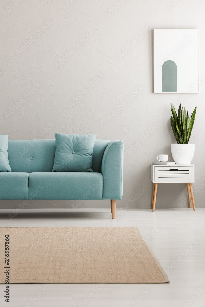 Fototapeta premium Real photo of bright living room interior with cupboard with fresh plant, tea cup and book, carpet on the floor and turquoise lounge