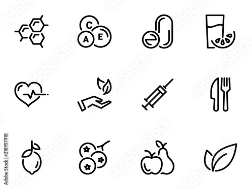 Set of black vector icons, isolated against white background. Illustration on a theme Vitamins and supplements. Natural and chemical photo