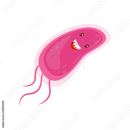 Cute pink smiling microbe, humanized bacteria cartoon character vector Illustration on a white background