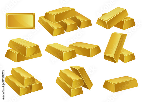 Gold bars set, banking business, prosperity, treasure siymbols vector Illustrations on a white background