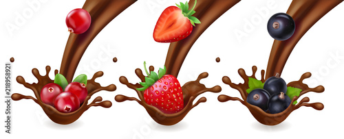 Chocolate and berries. Raspberry, strawberry and black currant in chocolate splash reaistic set