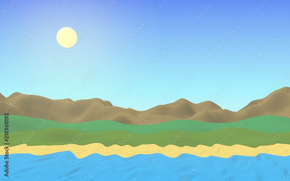 Sun Sea Beach. Noon. Ocean shore line with waves on a beach. Island beach paradise with waves. Vacation, summer, relaxation. Seascape, seashore. Minimalist landscape, primitivism. 3D illustration