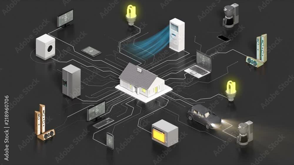 Smart home connecting home appliances automation technology,  Internet of things, 4k animation. gray back.