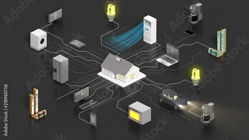 Smart home connecting home appliances automation technology,  Internet of things, 4k animation. gray back.