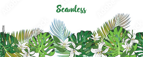 Tropical leaves, flowers seamless pattern border frame with space for text. Hand drawn sketch monstera, palm and bergamot floral decoration for fabric, textile or graphic design.