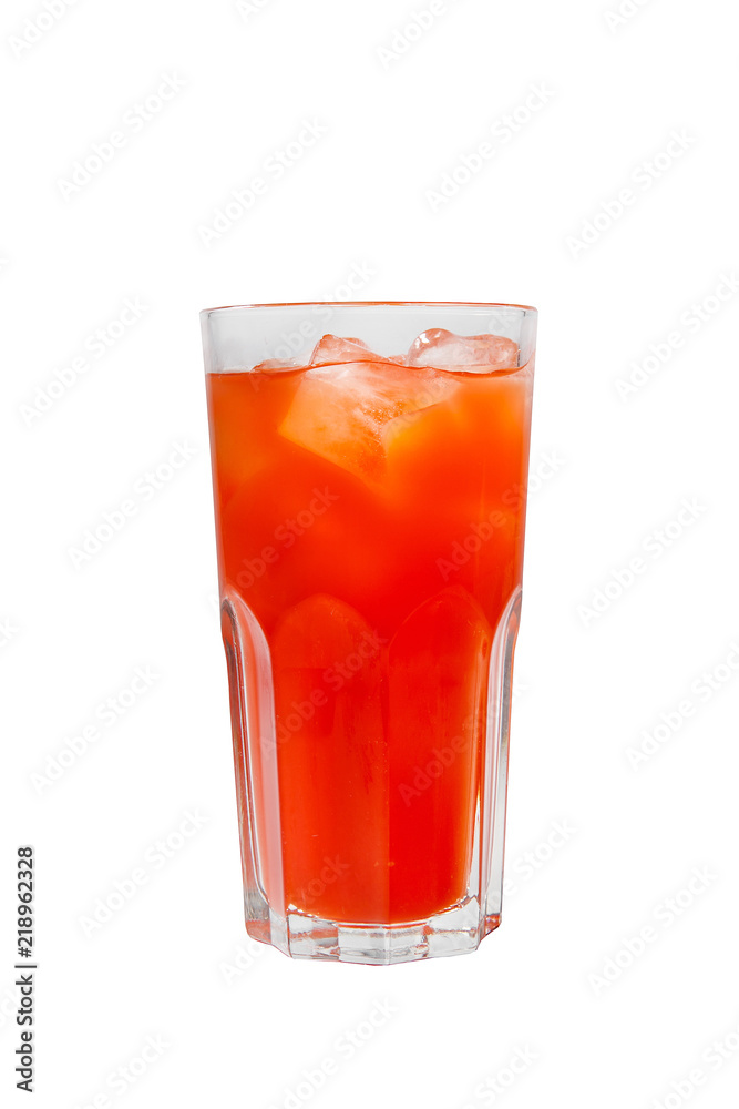 Single-colored, red cocktail in a glass with ice from grapefruit, tomato, strawberry. Isolated white background. Side view. Drink for the menu restaurant, bar, cafe Single-colored, red cocktail in a glass with ice from grapefruit, tomato, strawberry. Isolated white background. Side view. Drink for the menu restaurant, bar, cafe