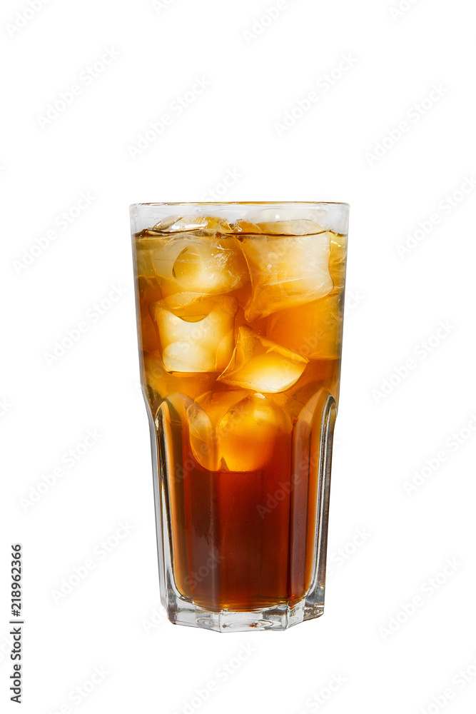One-color, red, brown, transparent cocktail with ice cubes. Side view. Isolated white background. Drink in a glass glass for the menu restaurant, bar, cafe One-color, red, brown, transparent cocktail with ice cubes. Side view. Isolated white background. Drink in a glass glass for the menu restaurant, bar, cafe