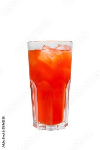 Single-colored, red cocktail in a glass with ice from grapefruit, tomato, strawberry. Isolated white background. Side view. Drink for the menu restaurant, bar, cafe
