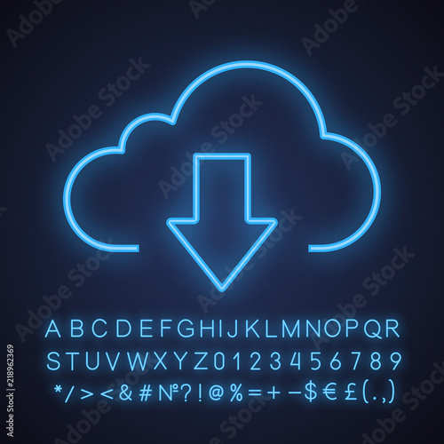 Cloud storage files download neon light icon