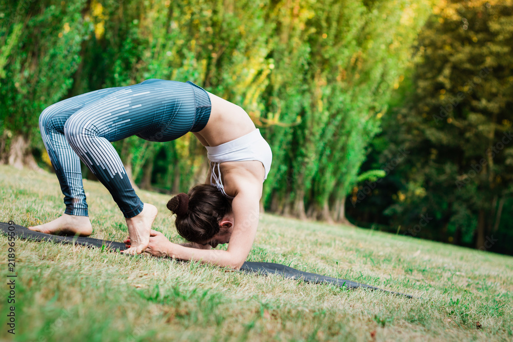 Fototapeta premium Slim young woman staying on green grass in Elbow Bridge