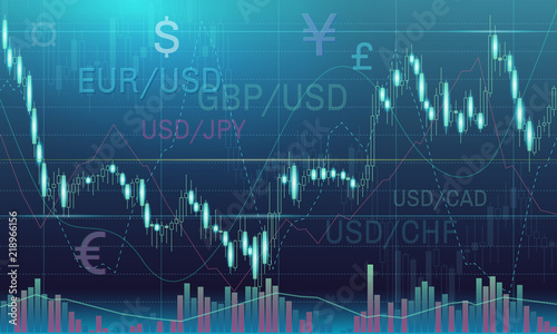 Candlestick chart in financial market vector illustration on dark blue background. Forex trading graphic design concept