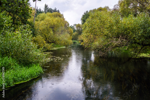 autumn landscape with river and forest in Belarus 