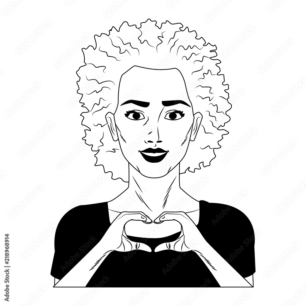 Woman afro with heart shaped hands sign pop art cartoon vector illustration graphic design