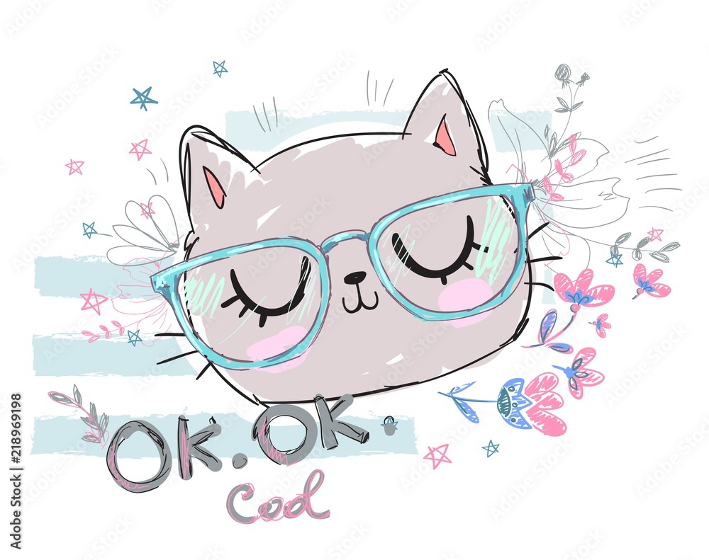 Obraz Hand Drawn Cute Cat with glasses. Design sketch cat, children print on t-shirt girl