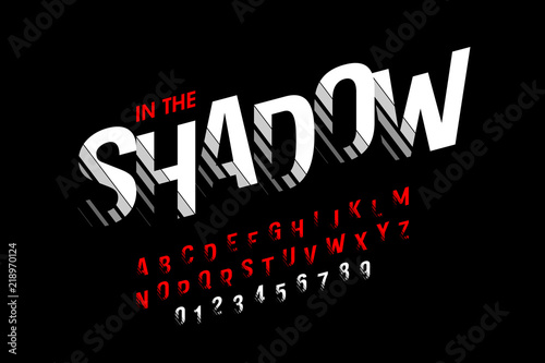 Modern font with shadow effect, alphabet letters and numbers