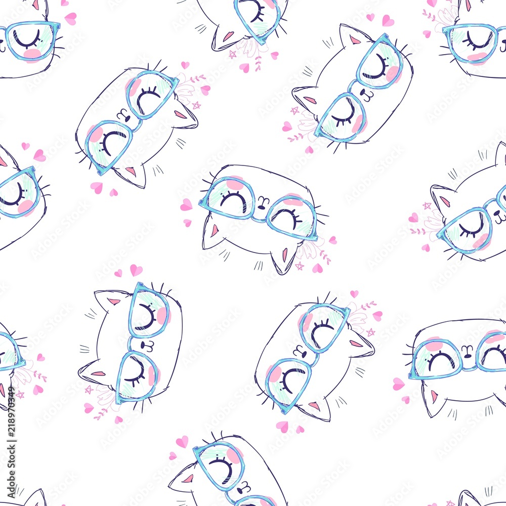 Cat with glasses background, vector seamless pattern with cat. Cute Print Design Cat with glasses background, vector seamless pattern with cat. Cute Print Design