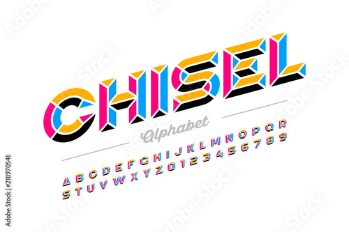 Retro style chisel font, colorful alphabet letters and numbers