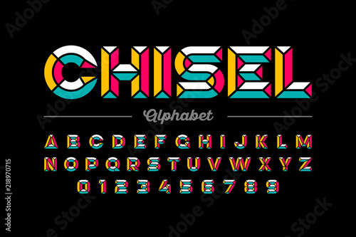 Retro style chisel font, colorful alphabet letters and numbers