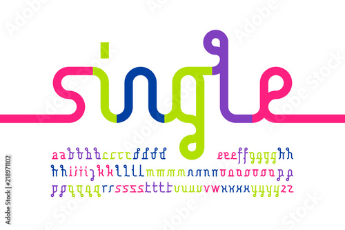 Colorful one line font, one single continuous line alphabet