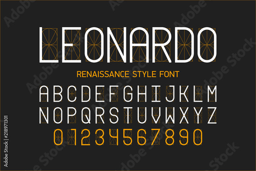 Thin renaissance style font, alphabet letters and numbers