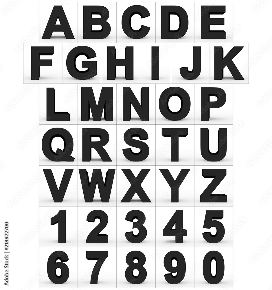 letters and numbers 3d black isolated on white letters and numbers 3d black isolated on white
