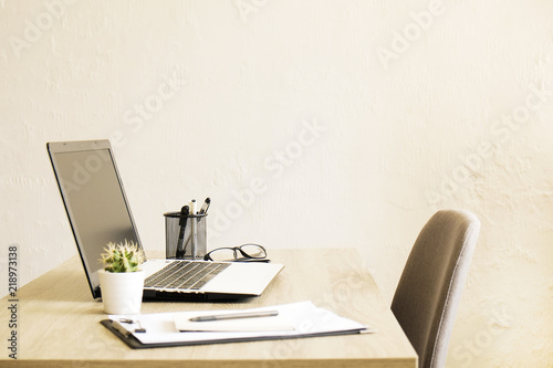 Laptop computer, clipboard, cactus home plant, supplies and folded glasses on wooden desk in spacious office full of sunlight. Designer's creative workspace concept. Close up, copy space, background. © Evrymmnt