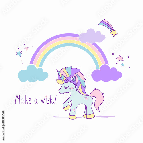 Unicorn illustration with the lettering phrase "Make a wish!", rainbow, clouds and stars. Hand drawn vector. Graphic design for T-shirt print, birthday greeting card, poster © Tanya