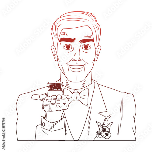 Groom holding ringbox open pop art cartoon vector illustration graphic design icon