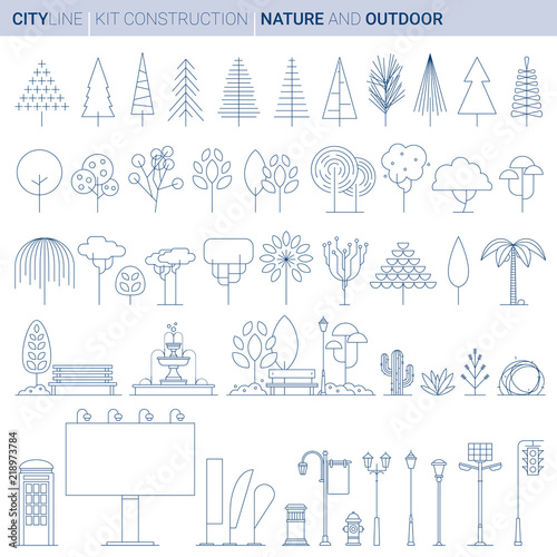 Line Vector Illustration Set. City Decorations