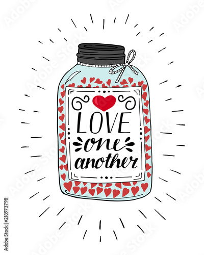 Hand lettering Love one another, made on pot with hearts.