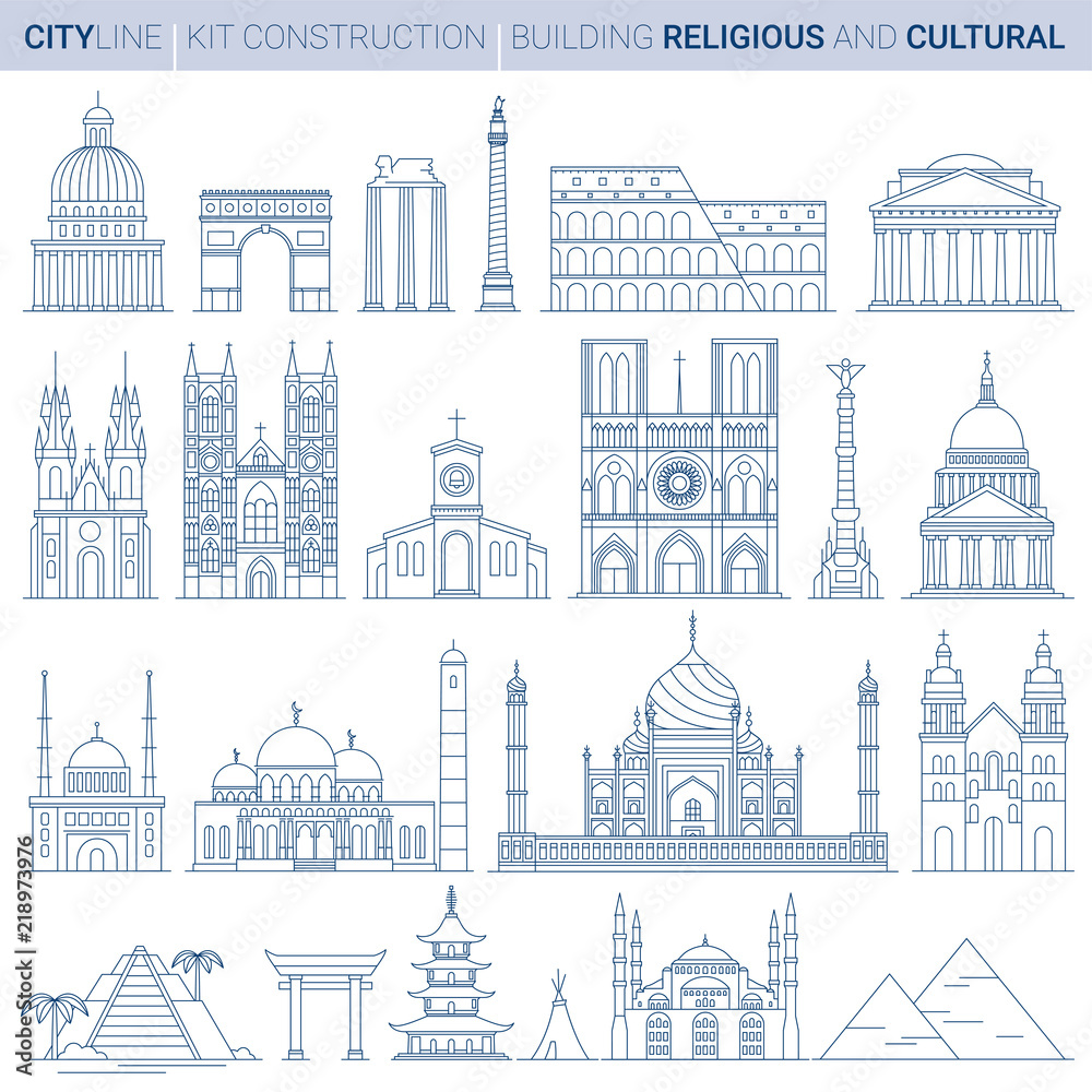 Line Vector Illustration Set. City landmarks