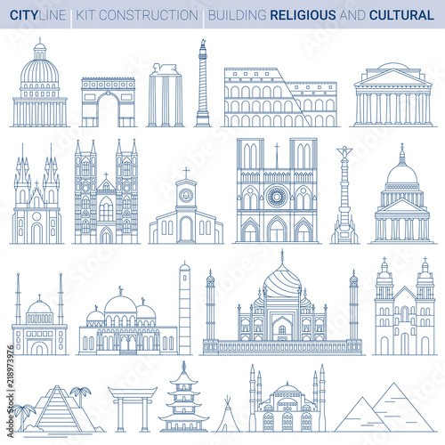 Line Vector Illustration Set. City landmarks