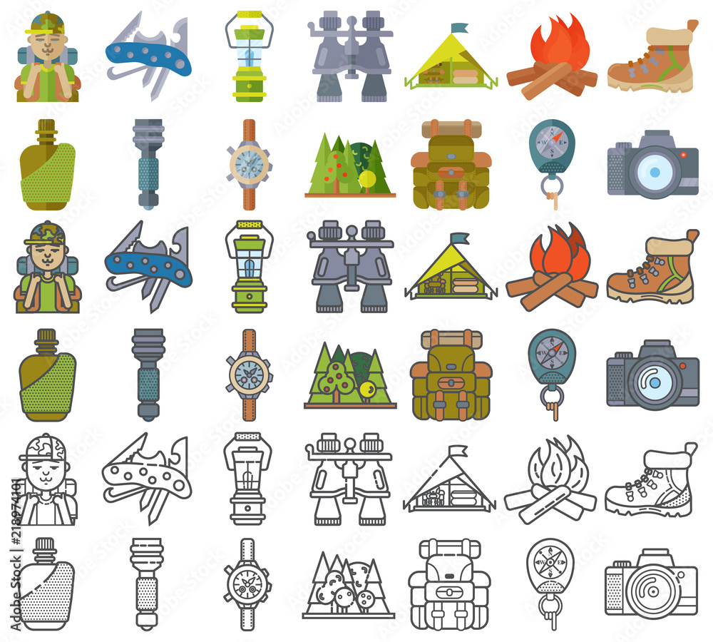 Hiking equipment and forest leasure vector icon set. Mountain hiking and trekking elements. Multitool, lantern, binocular, hiking boots, flask, flashlight, backpack, compass and etc. Line art icons