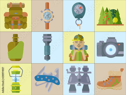 Hiking equipment and forest leasure vector icon set. Mountain hiking and trekking elements. Multitool, lantern, binocular, hiking boots, flask, flashlight, backpack, compass and etc. Line art icons