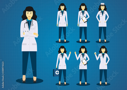 The professional young woman doctors long black hairs all action character design set 