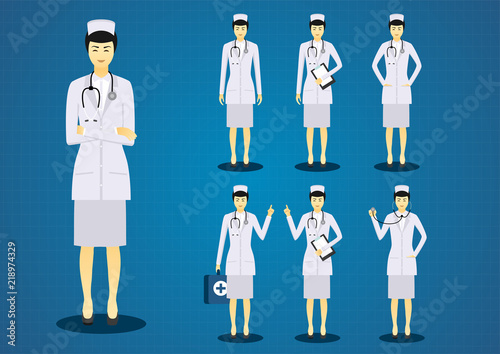 The professional young woman nurses short black hairs all action character design set 