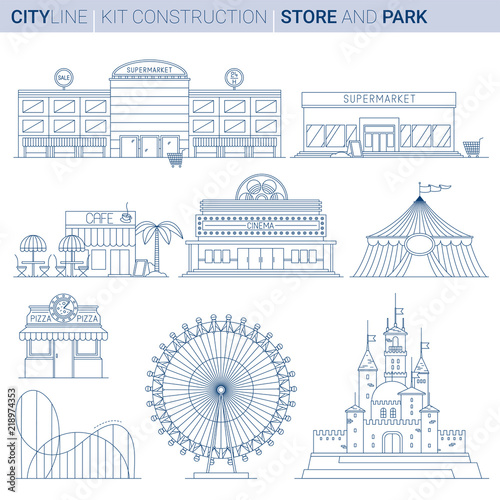 Line Vector Illustration Set. City service and entertainment bui