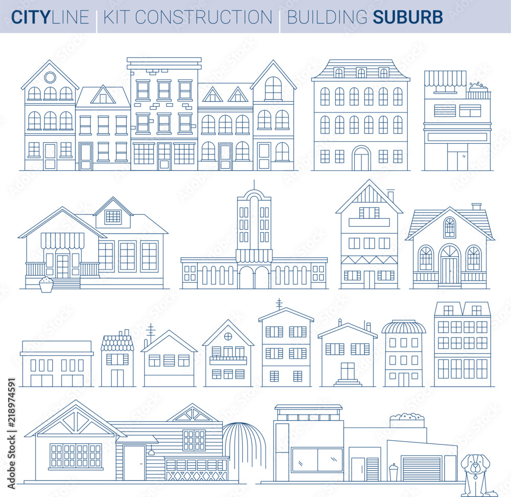 Plakat Line Vector Illustration Set. Buburb homes and shops