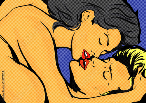 pop art couple amour sexuel femme sur un homme allongé orgasme