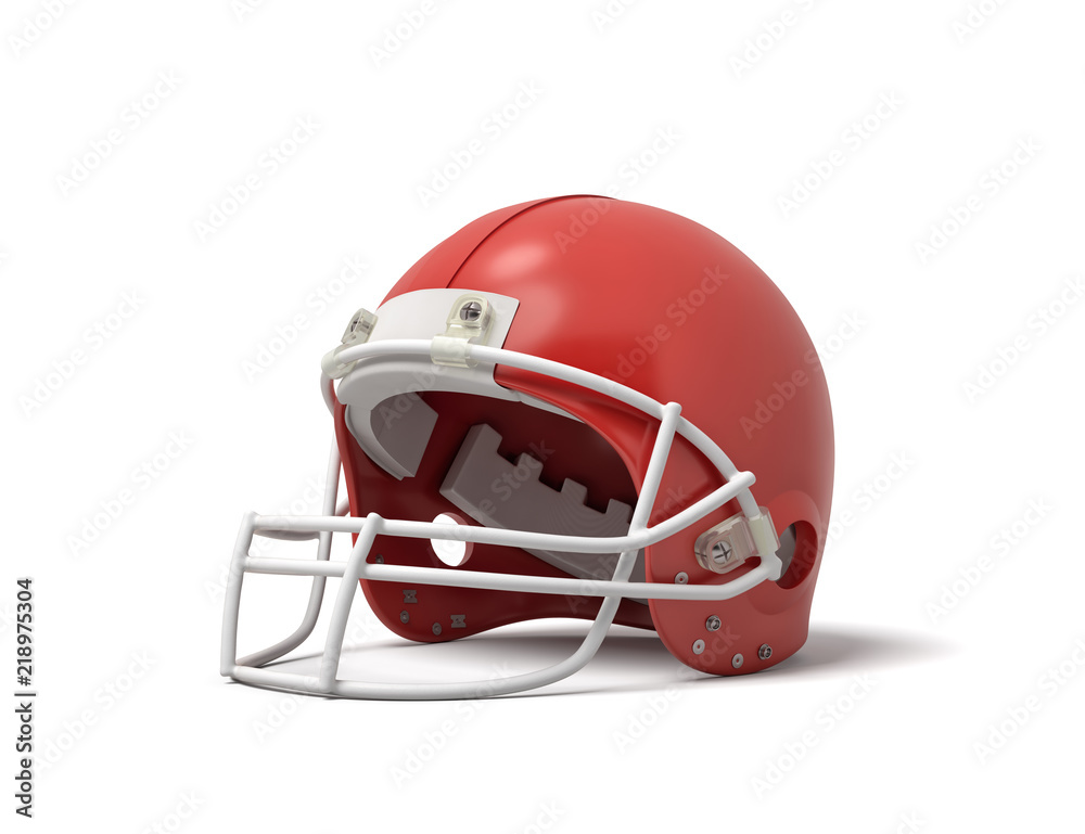 3d rendering of a red American football helmet with a white protective grid on a white background. 3d rendering of a red American football helmet with a white protective grid on a white background.