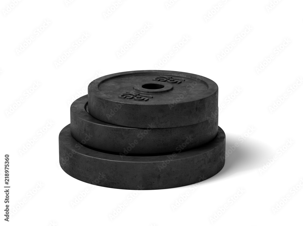 3d rendering of three black barbell weights of different weight lying on top of each other on a white background. 3d rendering of three black barbell weights of different weight lying on top of each other on a white background.